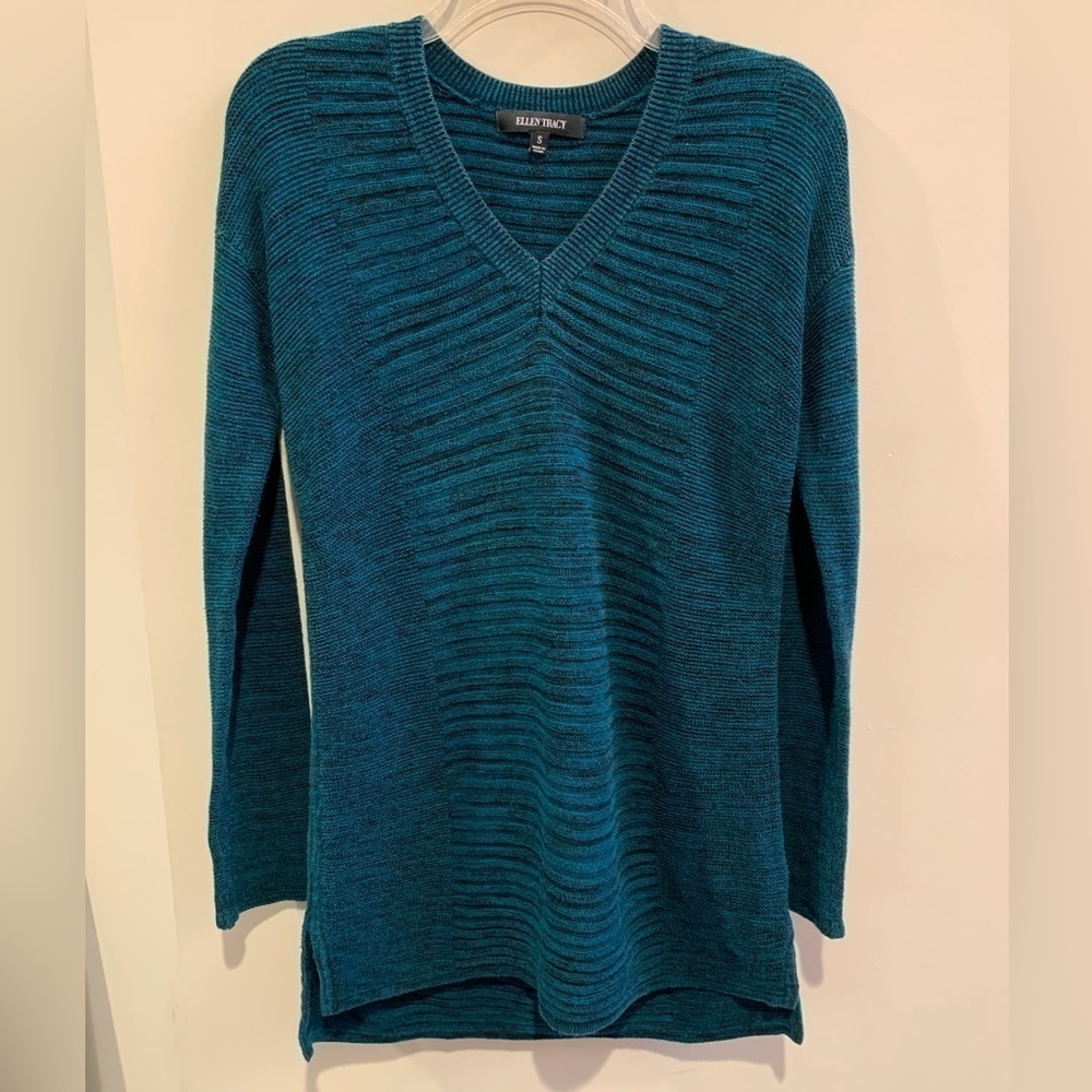Ellen Tracy Emerald Green Black V-Neck Long Sleeve Knit Sweater Women's Small - Picture 1 of 4